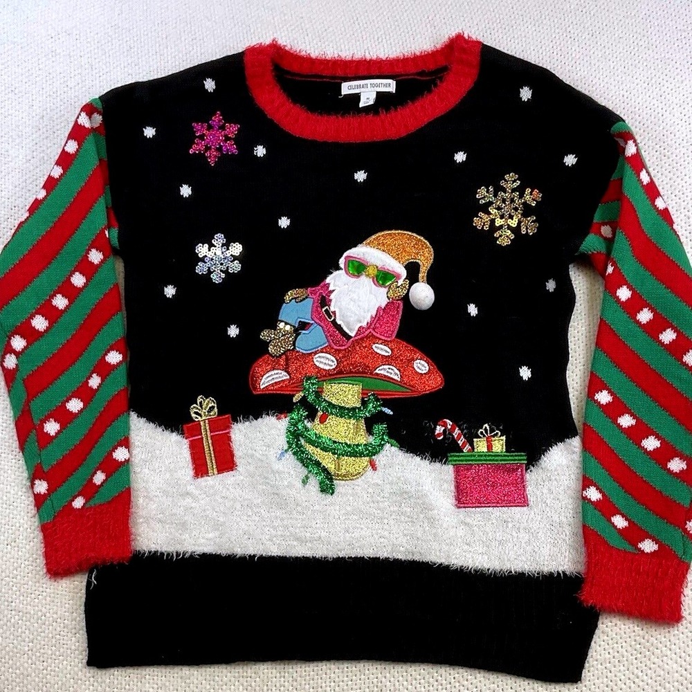 Celebrate‎ Together Ugly Christmas Sweater Santa Mushroom Sequins M